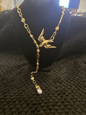 Schiaparelli Inspired Gold Bird Lariat Necklace with Pearl Drop - Women Jewelry